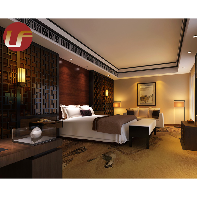 Super 8 juegos de dormitorio de hotel tamaño King personalizados de nogal oscuro, conjunto de muebles de habitación de cama de hotel