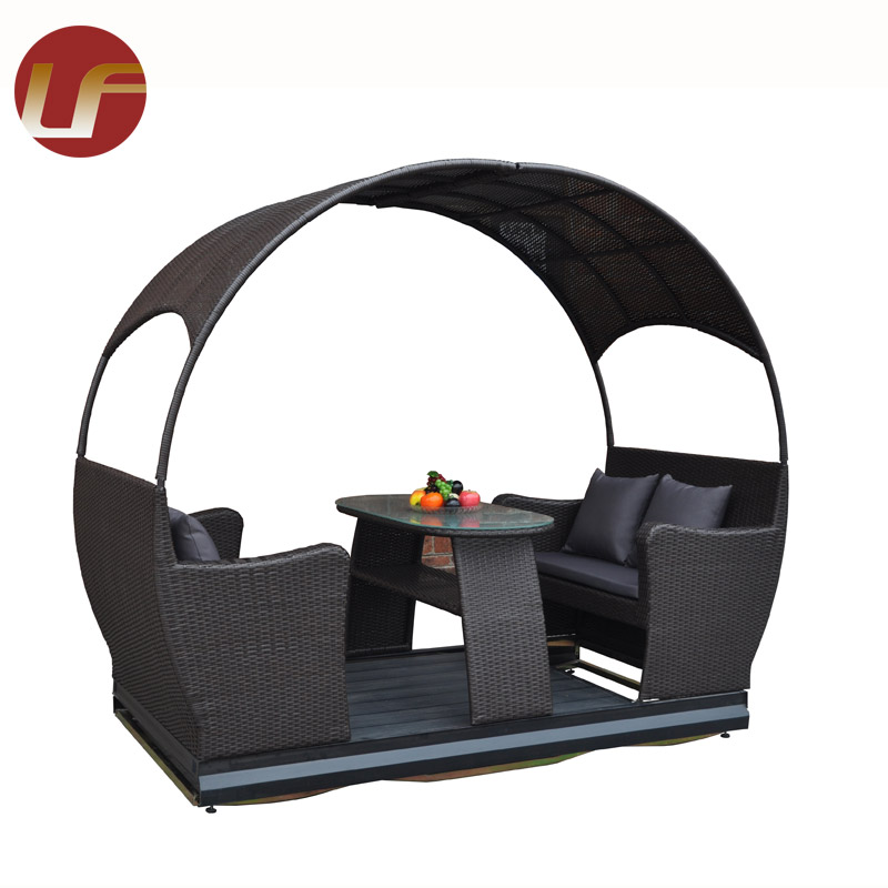 Patio de ocio moderno, muebles de mimbre sintético, tumbona de salón de ratán PE para exteriores con mesa